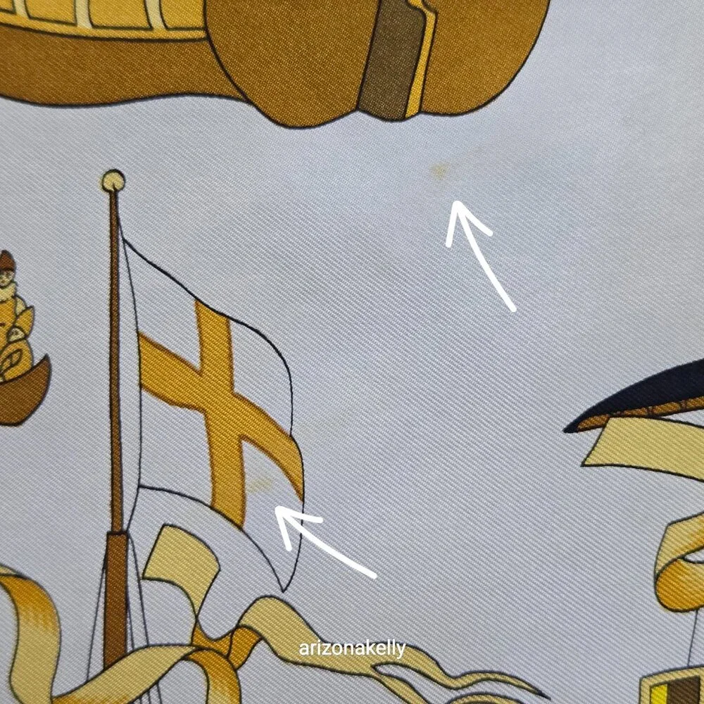 Hermès "Armada" Vintage Yellow Silk Scarf Hand Rolled Carre 90 Nautical Ships - Picture 7 of 16